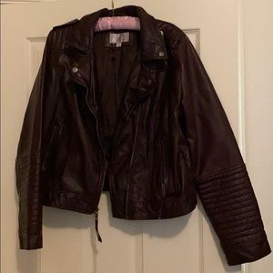 Faux oxblood/dark maroon leather moto jacket